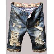 LW Men Casual Mid Waist Ripped Blue Denim Shorts (