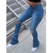 Lovely Trendy Broken Holes Fold Design Blue Jeans
