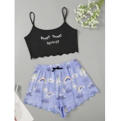 Lovely Casual Spaghetti Strap Print Black Sleepwea