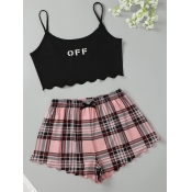 Lovely Casual Spaghetti Strap Letter Plaid Print B