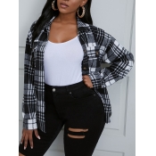Lovely Casual Plaid Print Pocket Design Black Blou