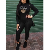 Lovely Casual O Neck Lip Letter Print Black One-pi