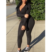 LW Casual V Neck Elastic Skinny Black One-piece Ju