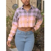 LW Casual Gradient Plaid Print Pink Blouse