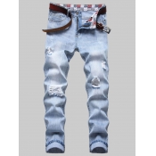 LW Men Casual Mid Waist Broken Holes Baby Blue Jea
