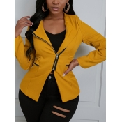 Lovely Work Turndown Collar Zipper Design Yellow J