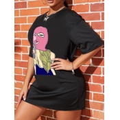 Lovely Casual O Neck Print Black Mini Dress