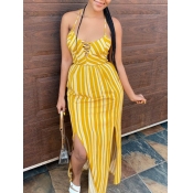 LW Casual Spaghetti Strap Backless Striped Patchwo