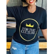LW Casual O Neck Letter Print Black T-shirt