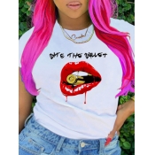 Lovely Plus Size Casual O Neck Lip Letter Print Wh