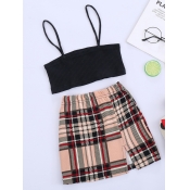 Lovely Girl Casual Plaid Print Side Slit Black Two