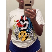 LW Casual O Neck Skull Print White T-shirt