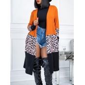 Lovely Casual Leopard Print Patchwork Orange Trenc