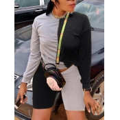Lovely Casual O Neck Patchwork Black Two Piece Sho