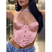 Lovely Sexy Button Design Asymmetrical Pink Camiso