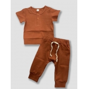 Lovely Boy Casual Button Design Drawstring Brown T
