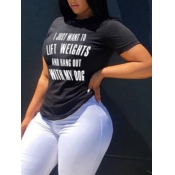 LW Plus Size Casual O Neck Letter Print Black T-sh