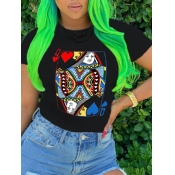 LW Trendy Card Letter Print Patchwork Black T-shir