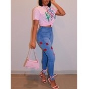 Lovely Stylish Rose Print Blue Plus Size Jeans