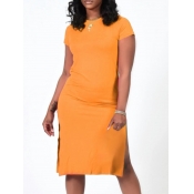 Lovely Casual O Neck Side Split Yellow Mid Calf Dr
