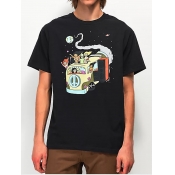 LW Men Casual O Neck Cartoon Print Black T-shirt