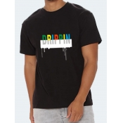 Lovely Men Casual O Neck Letter Print Black T-shir