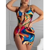 LW Backless Print Metal Ring Decor One-piece Swims