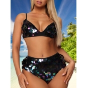 Lovely Sweet Sequined Fish Scale Black Two-piece S