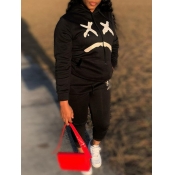Lovely Casual Hooded Collar Graffiti Print Black T