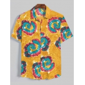 Lovely Men Casual Turndown Collar Tie-dye Yellow S