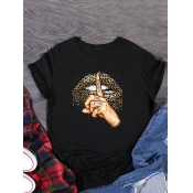 Lovely Plus Size Casual Leopard Lip Print Black T-