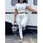 Lovely Casual O Neck Fold Design White Two Piece P