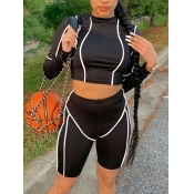LW Sportswear O Neck Striped Black Two-piece Short