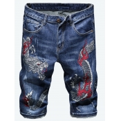 Lovely Men Casual Embroidered Dragon Print Blue De