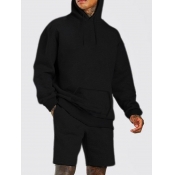 Lovely Men Casual Hooded Collar Drawstring Black T
