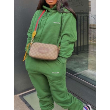 

LW Letter Print Pocket Design Pullover Tracksuit Set, Green
