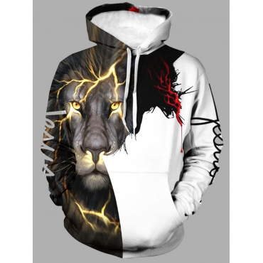 

LW Men Lion Print Patchwork Hoodie, White