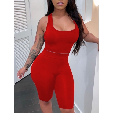 

LW U Neck High-waisted Shorts Set, Red