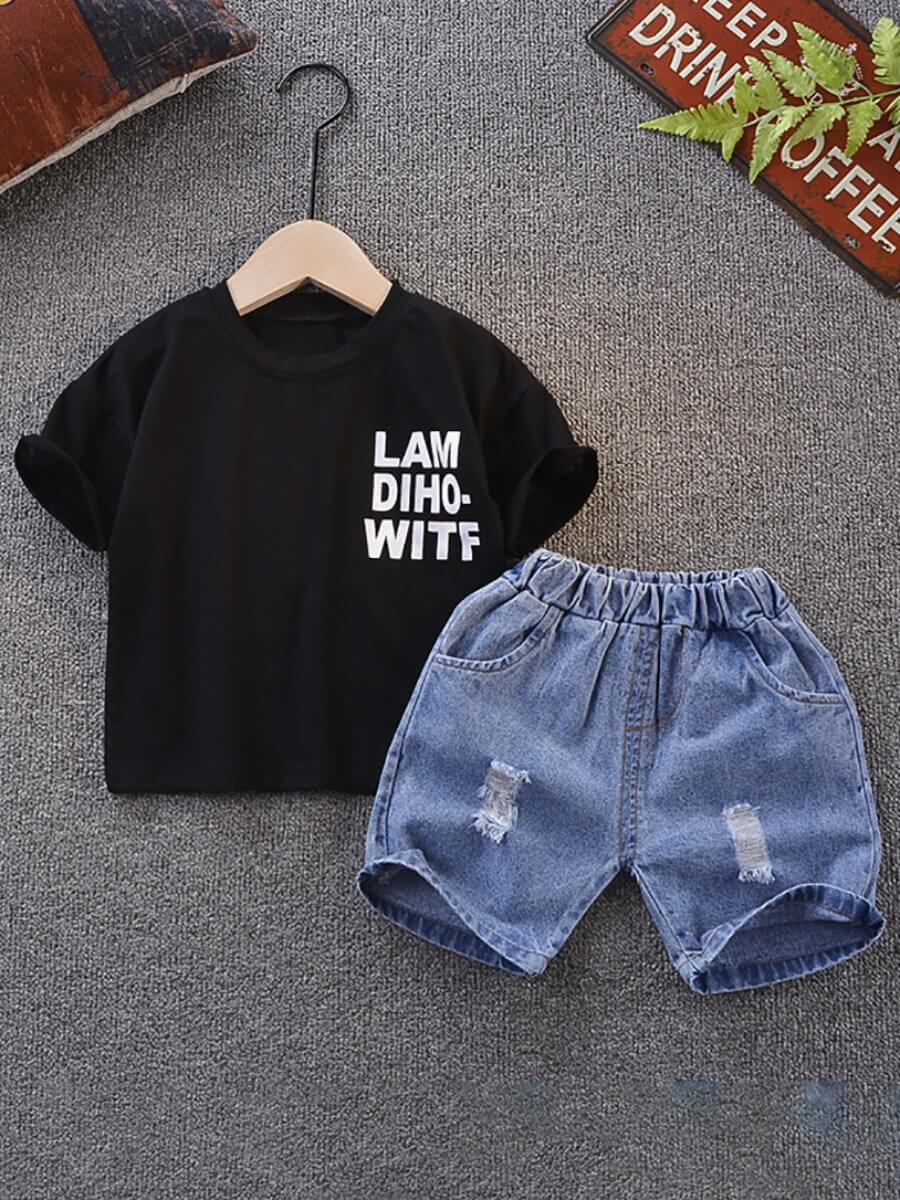 

Lovely Casual Letter Print Broken Holes Black Boy Two Piece Shorts Set