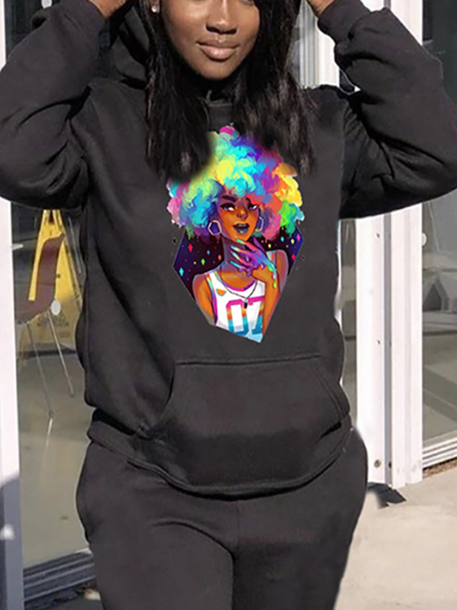 

Lovely Casual Hooded Collar Face Print Patchwork Black Hoodie