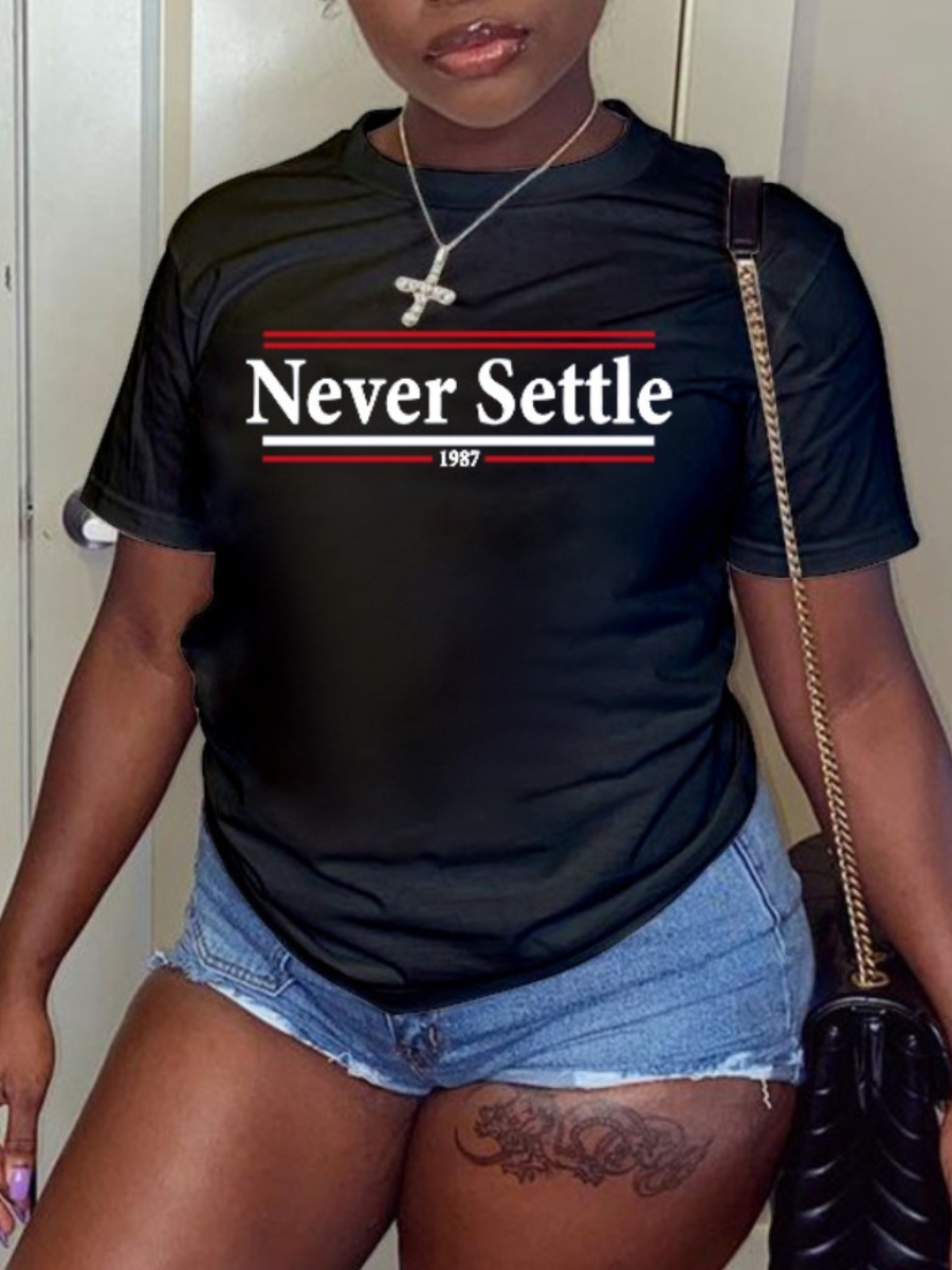 

LW Casual O Neck Letter Print Black T-shirt