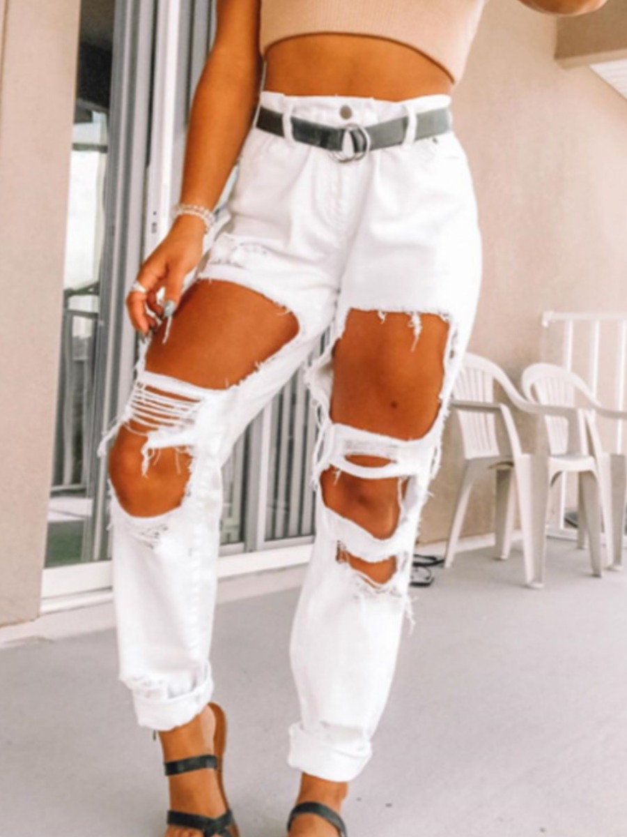 

LW Street High-waisted Ripped White Straight Leg Pants