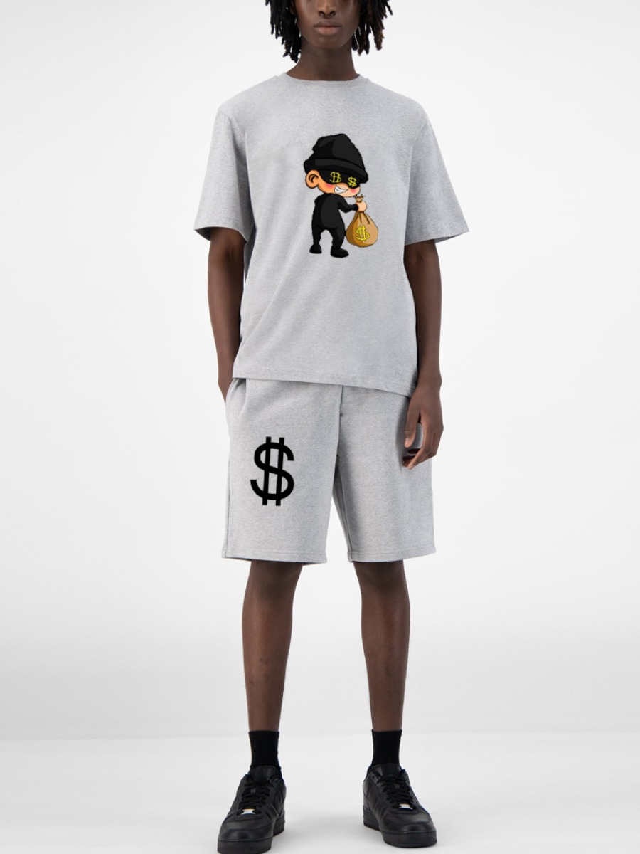 

Lovely Casual O Neck Cartoon Print Grey Men Two Piece Shorts Set