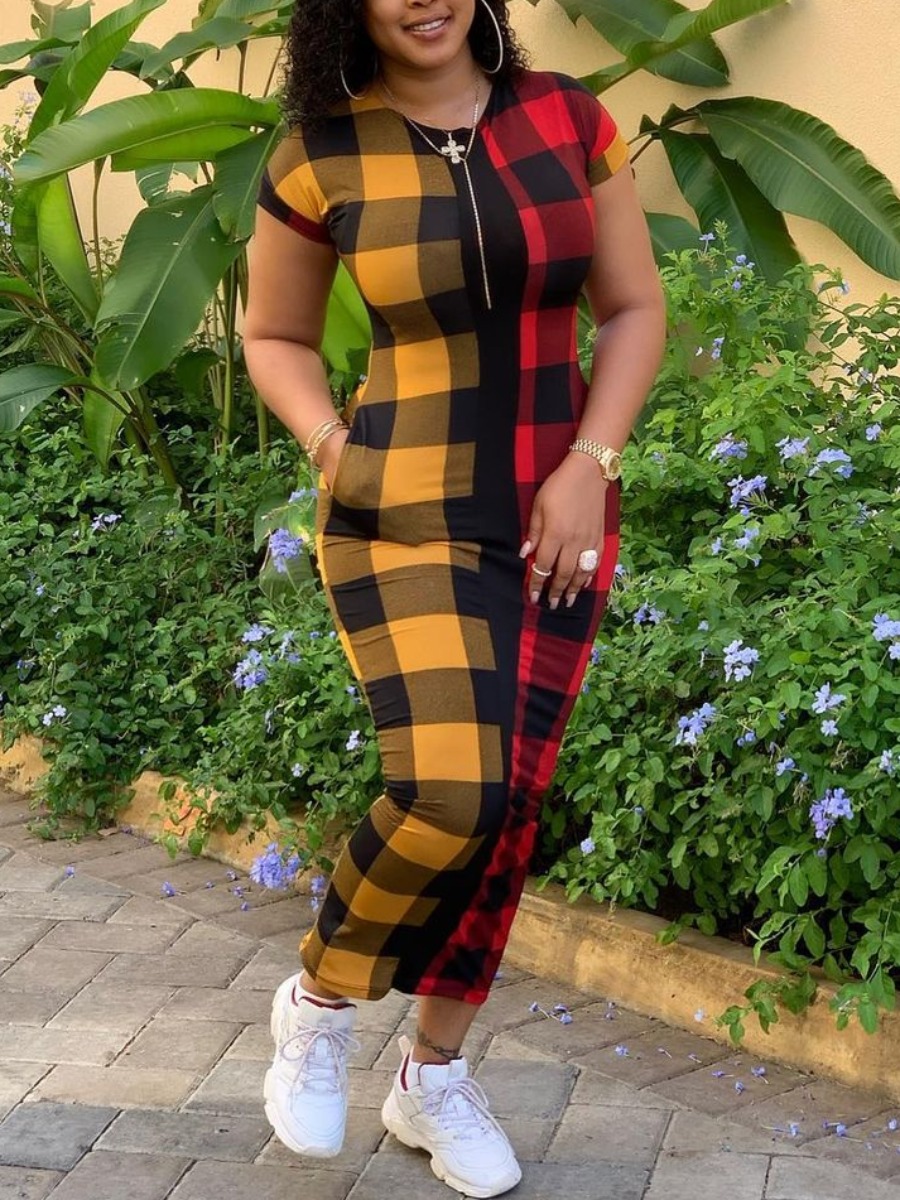 

Lovely Casual Plaid Print Patchwork Red Ankle Length Dress