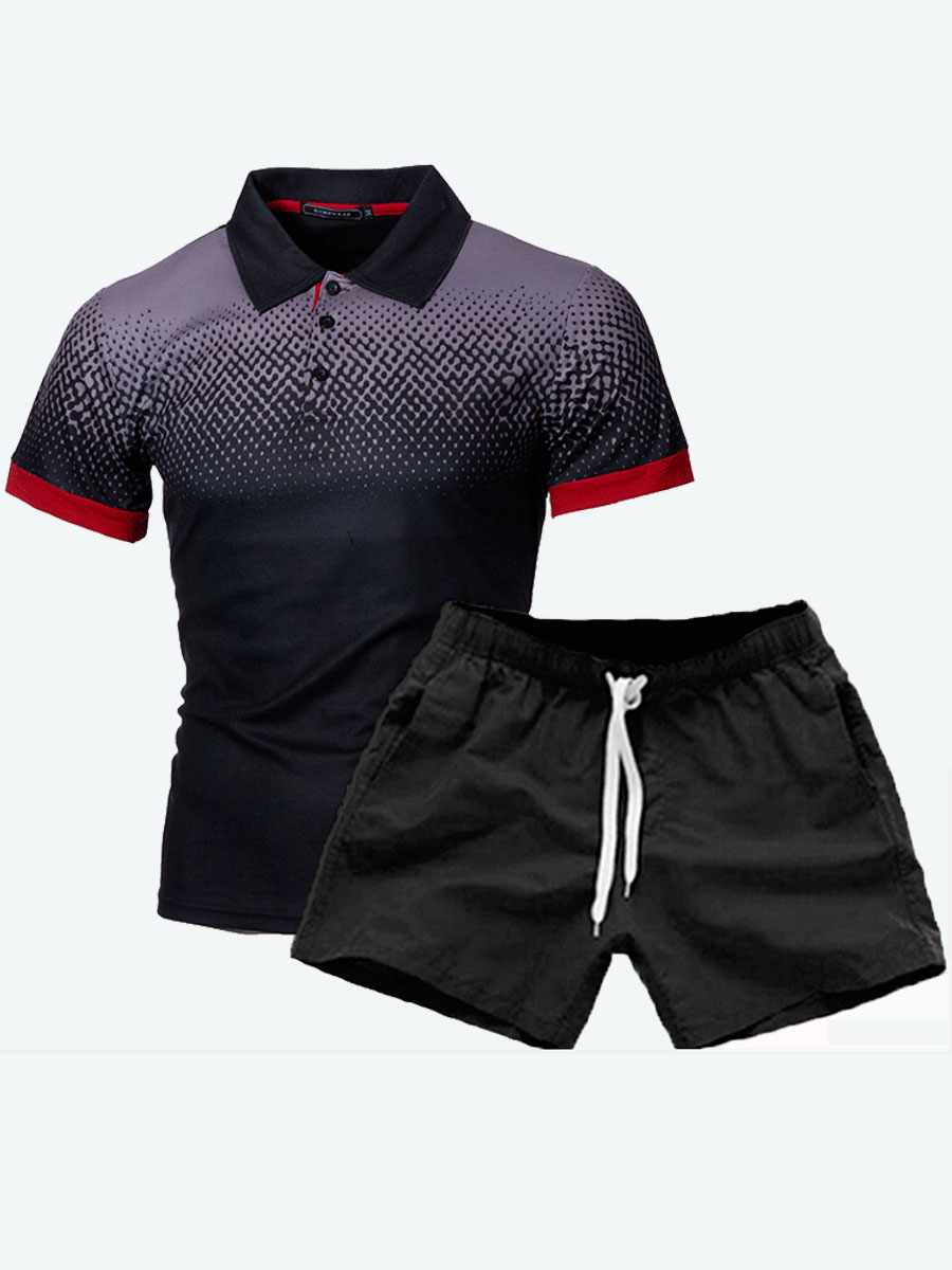 

Lovely Men Turndown Collar Drawstring Black Two Piece Shorts Set