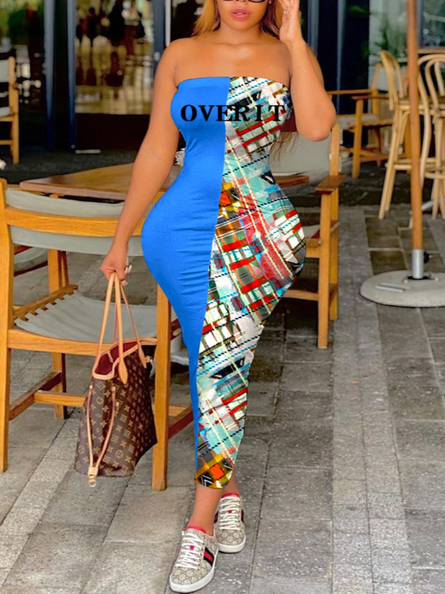 

Lovely Sweet Off The Shoulder Letter Print Patchwork Blue Ankle Length Dress