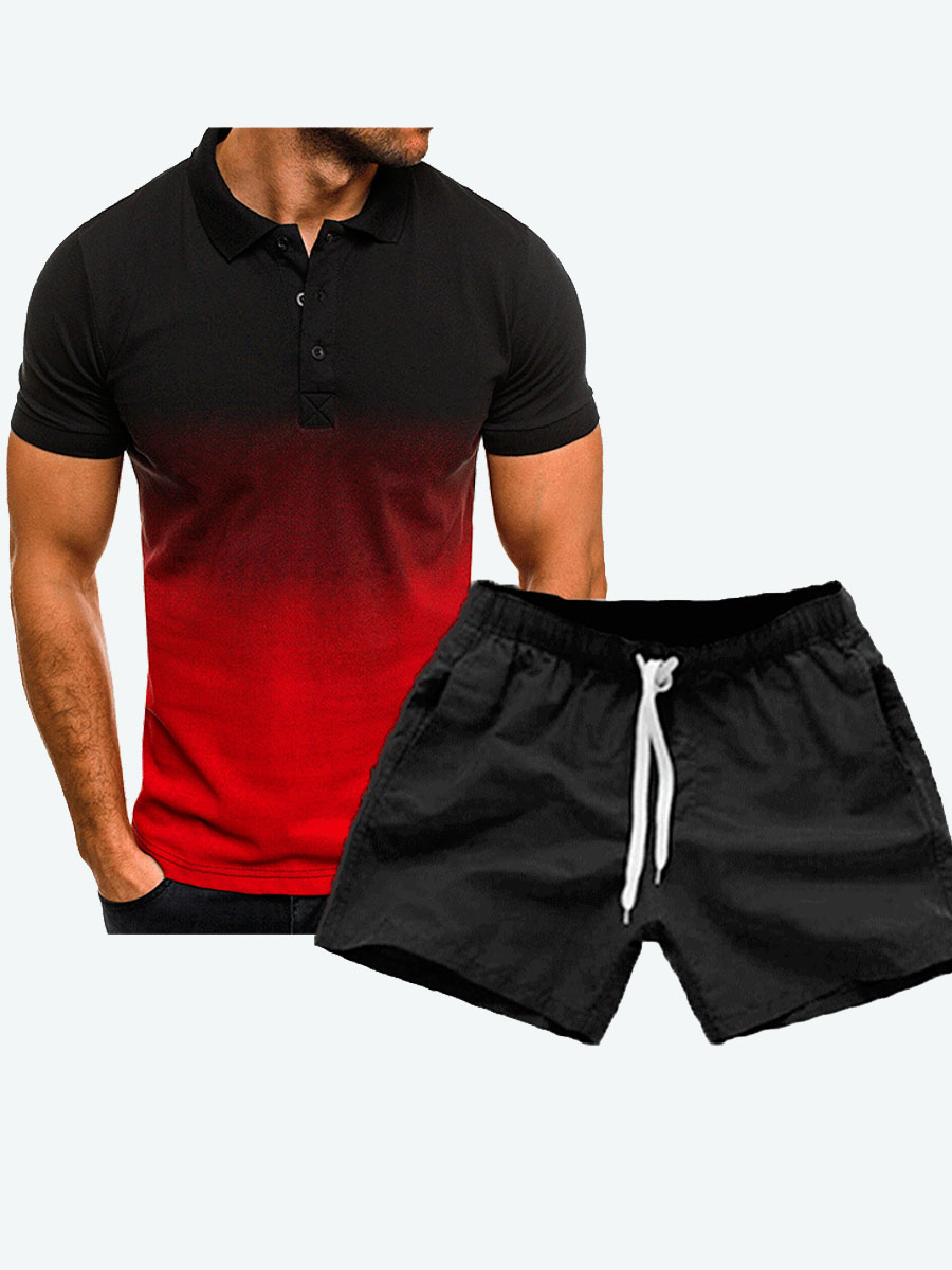 

Lovely Men Trendy Gradient Drawstring Red Two Piece Shorts Set