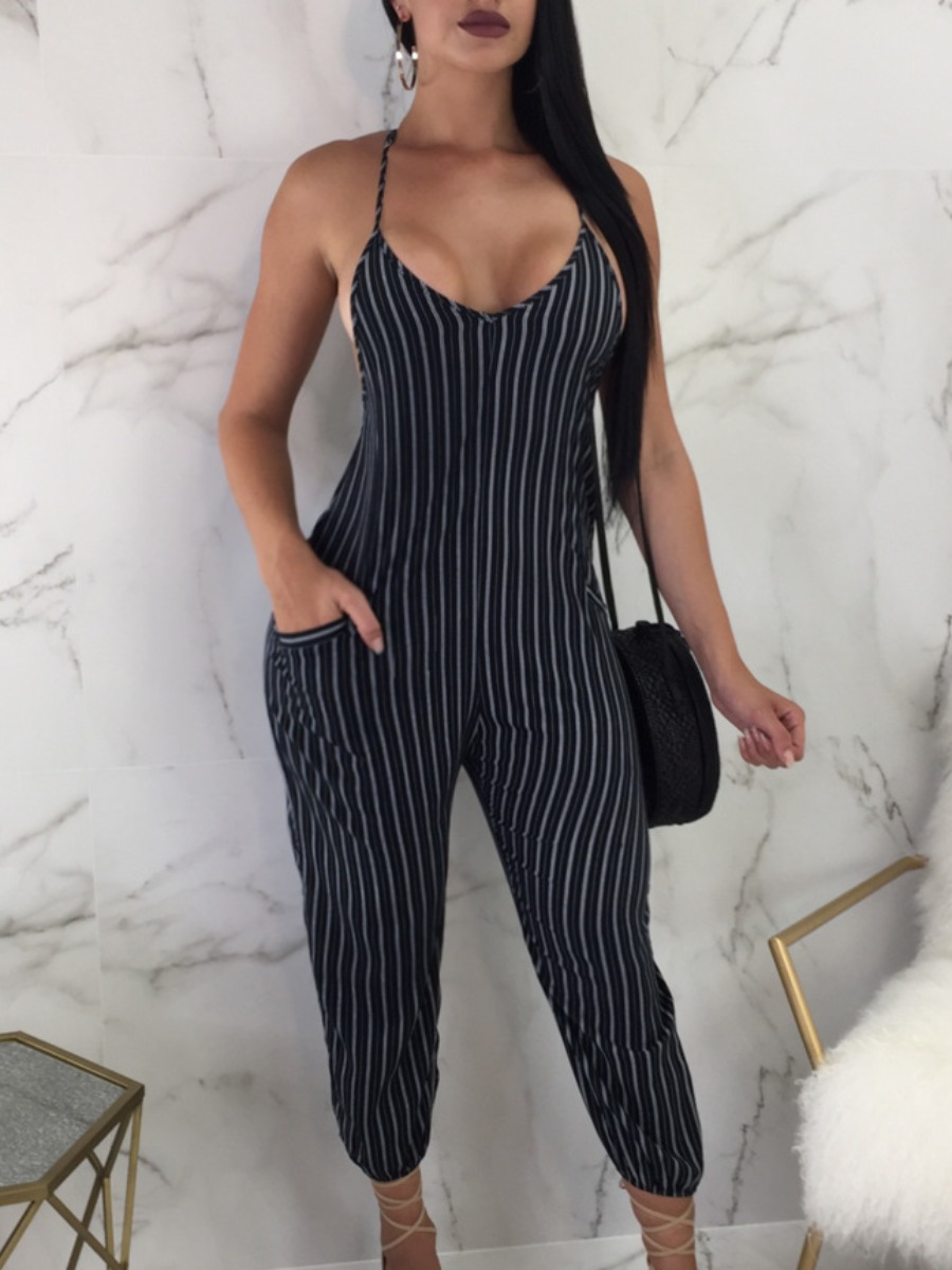 

Lovely Casual Striped Pocket Design Black One-piece Jumpsuit