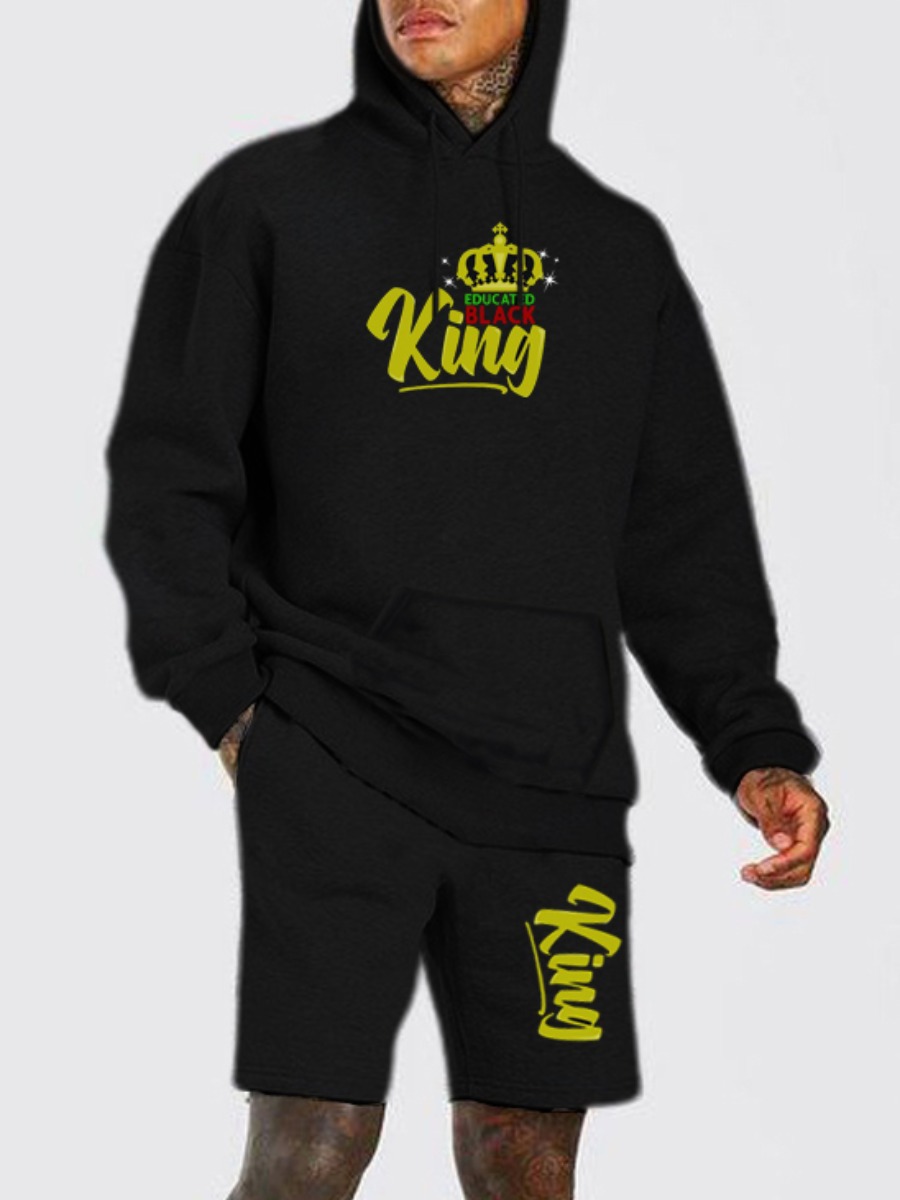 

Lovely Men Trendy Hooded Collar Letter Print Black Two Piece Shorts Set