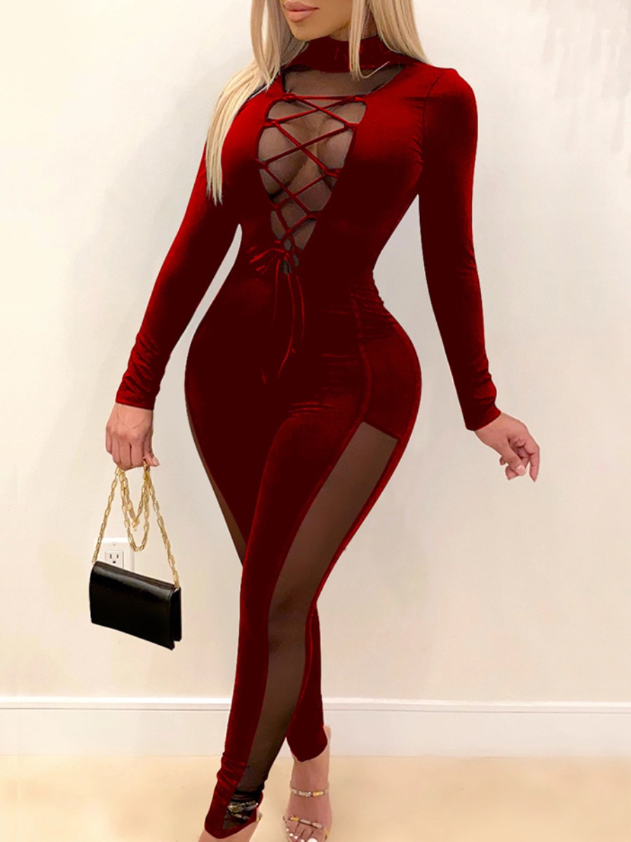 

Lovely Sexy Bandage Hollow-out Design Mesh Patchwork Red One-piece Jumpsuit